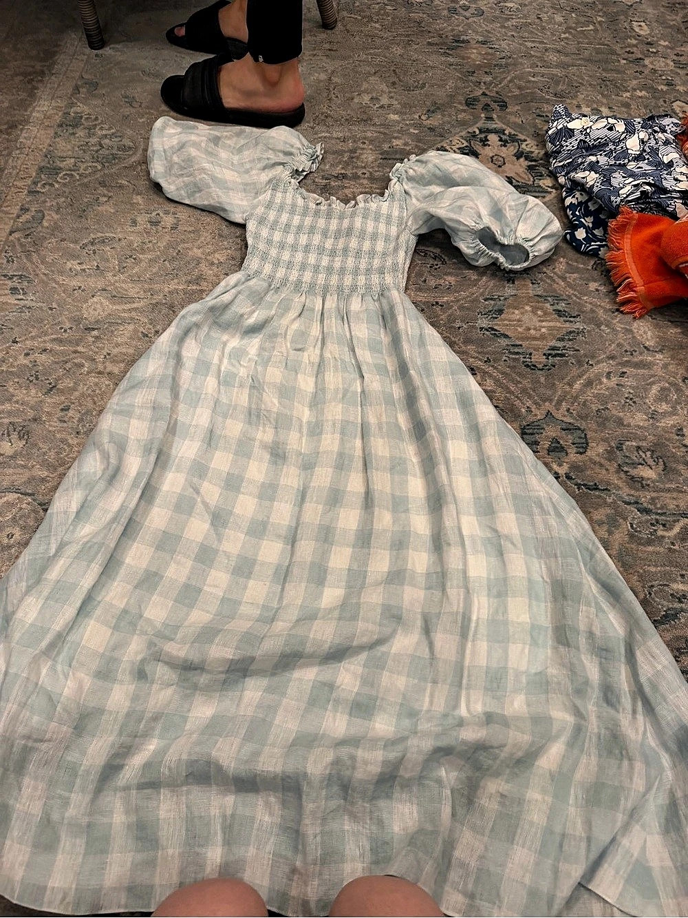charina sarte Gingham Puff Sleeve Maxi Dress in Blue & White Small